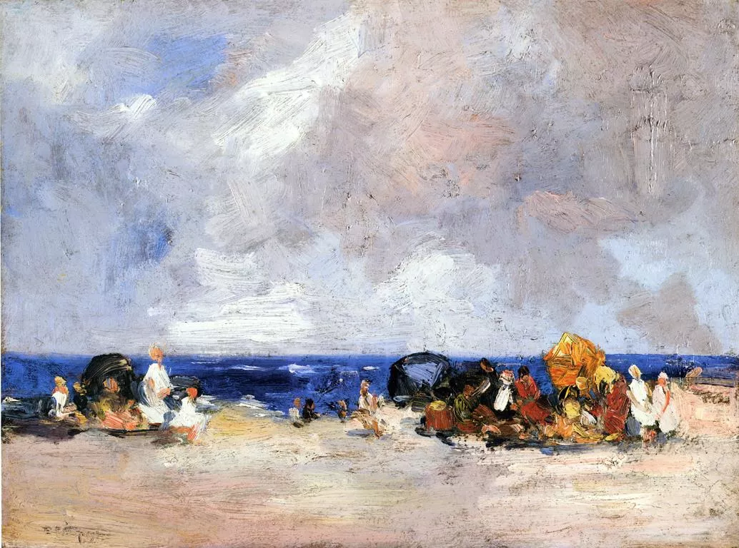 A Day at the Beach by Edward Henry Potthast showing people gathered along a sunny beach