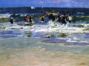 Main Product Photo of Beach Scene, Jumping in the Surf Painting by Edward Potthast