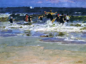 Beach Scene, Jumping in the Surf by Edward Potthast - Hand-Painted Oil Painting Reproduction