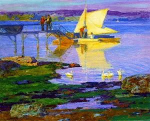 Boat at Dock by Edward Potthast - Hand-Painted Oil Painting Reproduction
