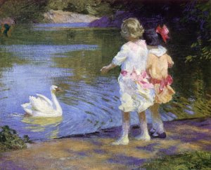 Main Product Photo of Children with a Swan Painting by Edward Potthast