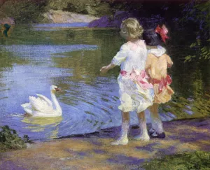 Children with a Swan by Edward Potthast - Hand-Painted Oil Painting Reproduction
