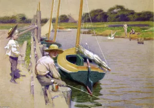 Fishing Off an Old Pier by Edward Potthast - Hand-Painted Oil Painting Reproduction