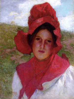 Main Product Photo of Girl in a Red Bonnet Painting by Edward Potthast