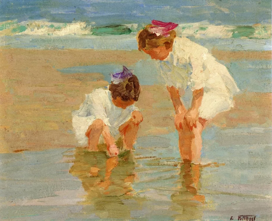 Girls Playing in Surf by Edward Henry Potthast showing children playing in the waves